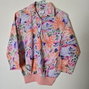 VTG Picket & Post Women's Sz M Floral Top Collar 3/4 Sleeves Garden Girl Grandma
